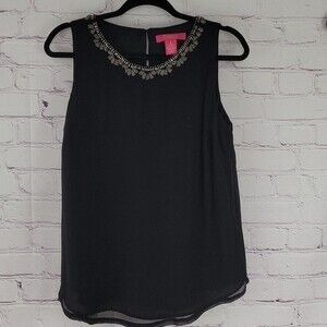 Catherine Malandrino Black Blouse Size Med Sheer Sleeveless W/ Beaded Neckline.